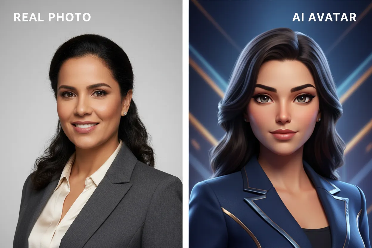 Comparação visual entre foto real profissional e avatar IA realista da mesma pessoa