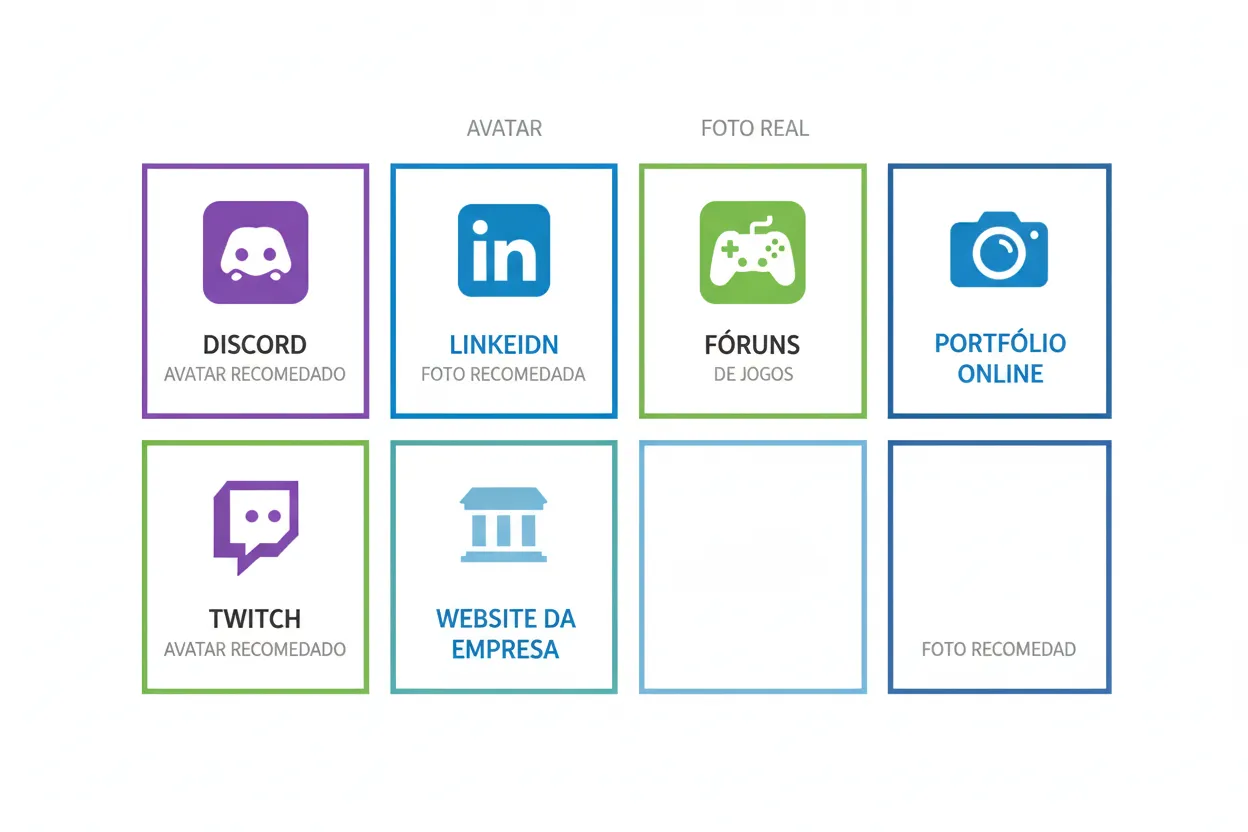 Grid mostrando contextos ideais para avatar versus foto real por tipo de plataforma
