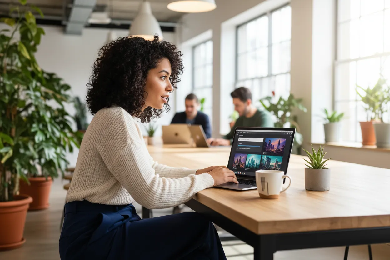 Iniciante explorando interface de ferramenta de criação de foto com IA em laptop