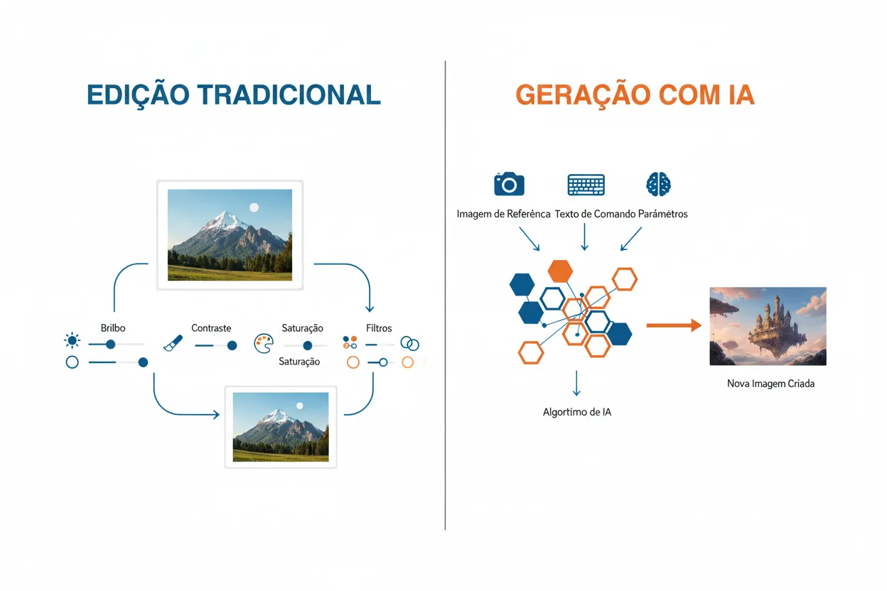 Diagrama explicando diferença entre edição de foto tradicional e geração com IA