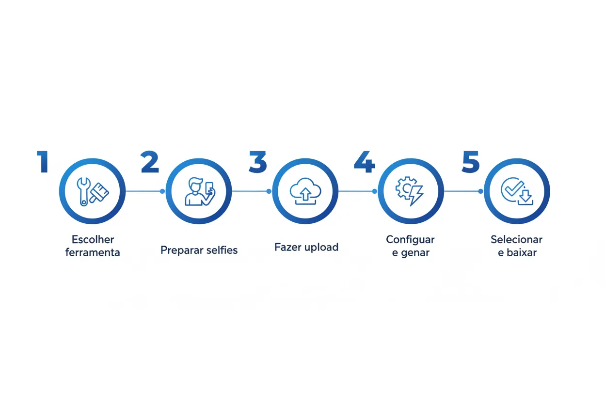 Infográfico visual mostrando os 5 passos para criar primeira foto com IA