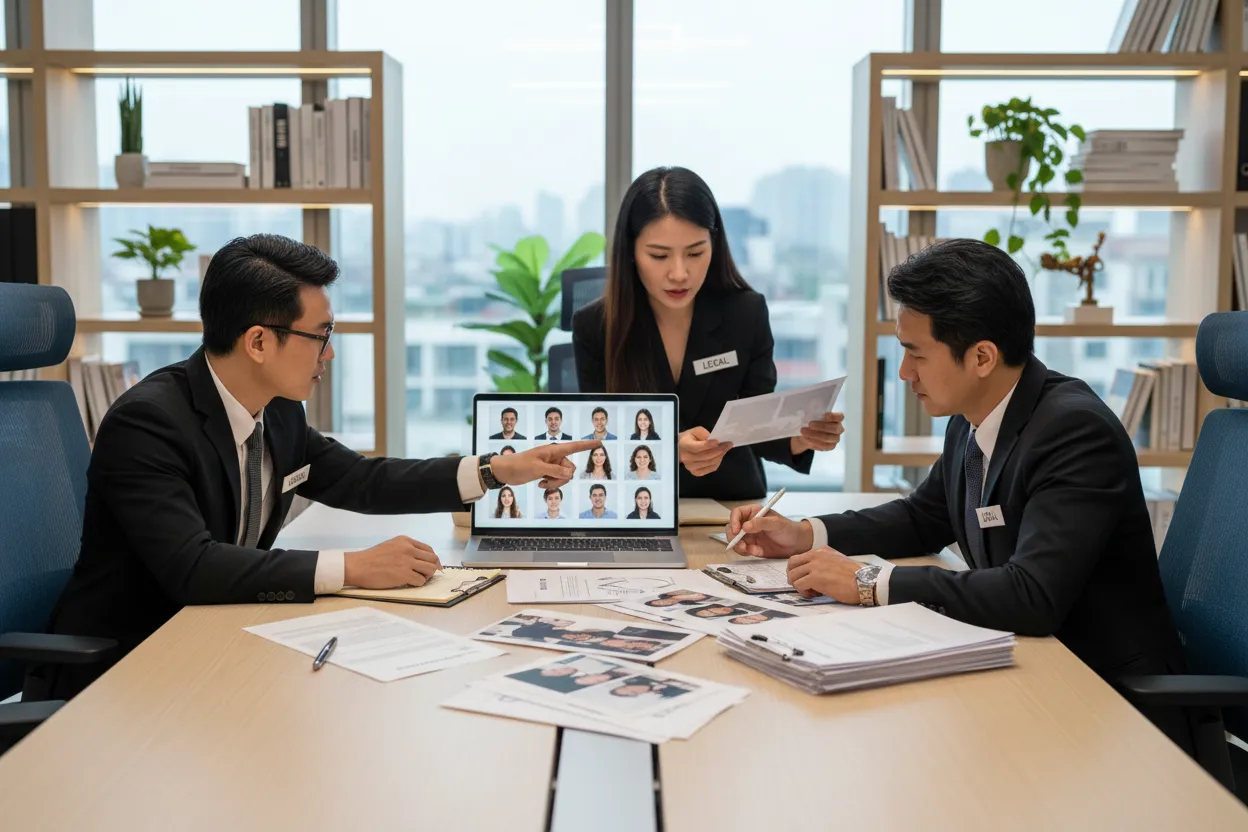 Reunião entre marketing e jurídico analisando contratos de uso de imagem com fotos de IA