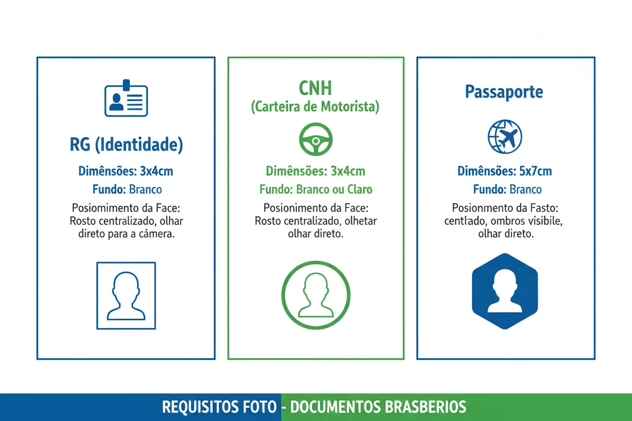 Infográfico mostrando requisitos técnicos de foto para documentos brasileiros