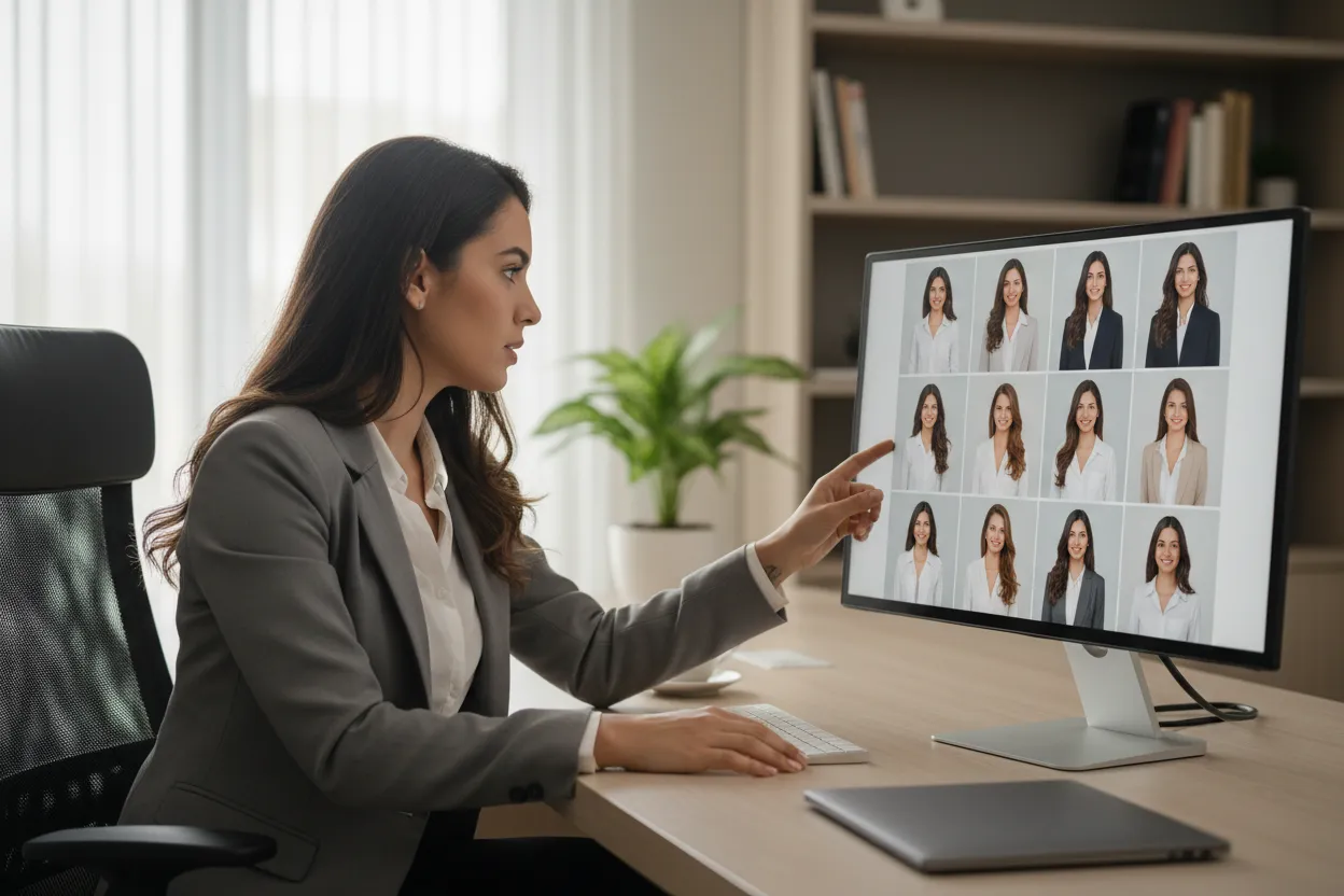 Profissional analisando diferentes opções de fotos geradas por IA em tela de computador
