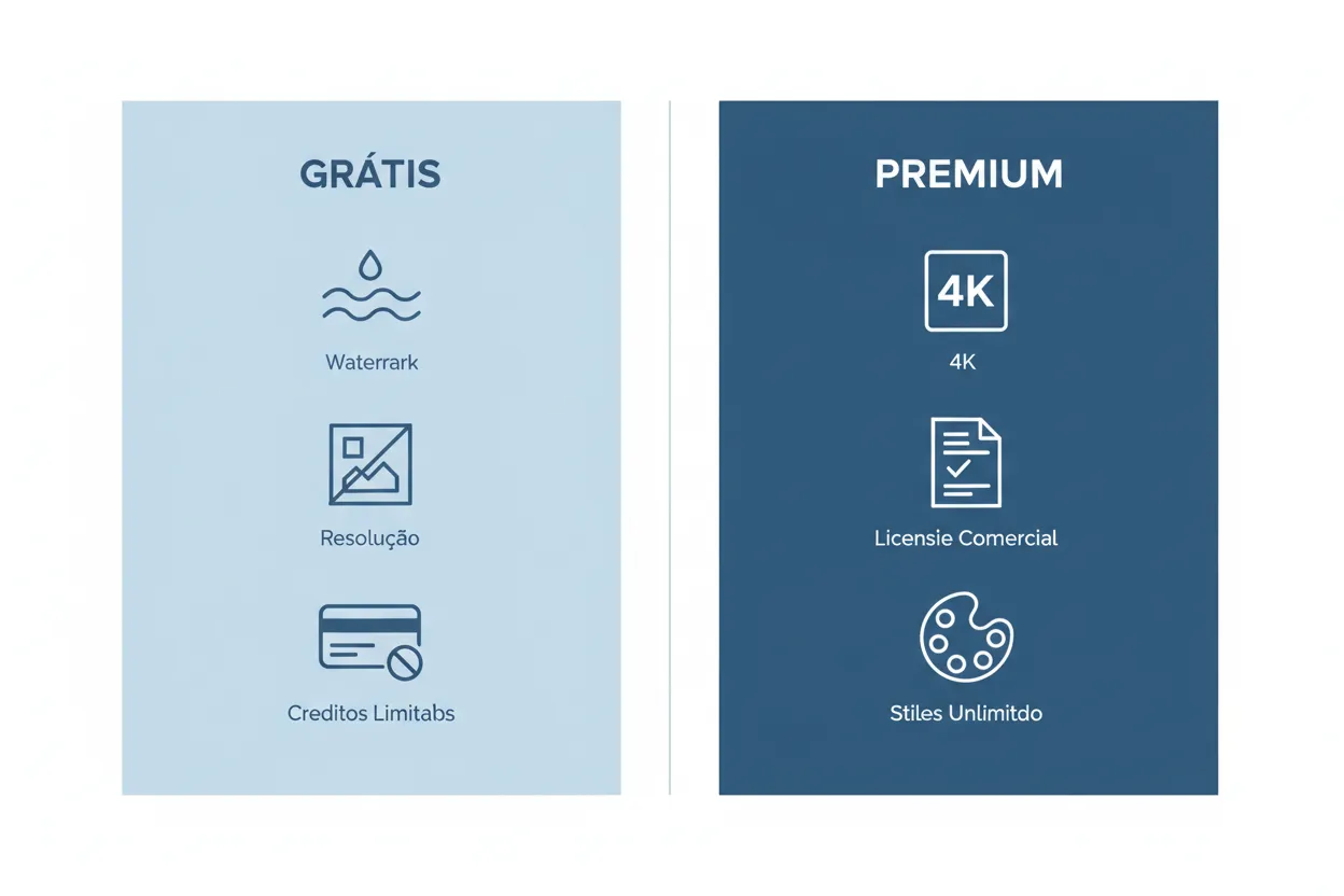 Infográfico comparando recursos de versões gratuitas versus pagas de geradores de foto IA