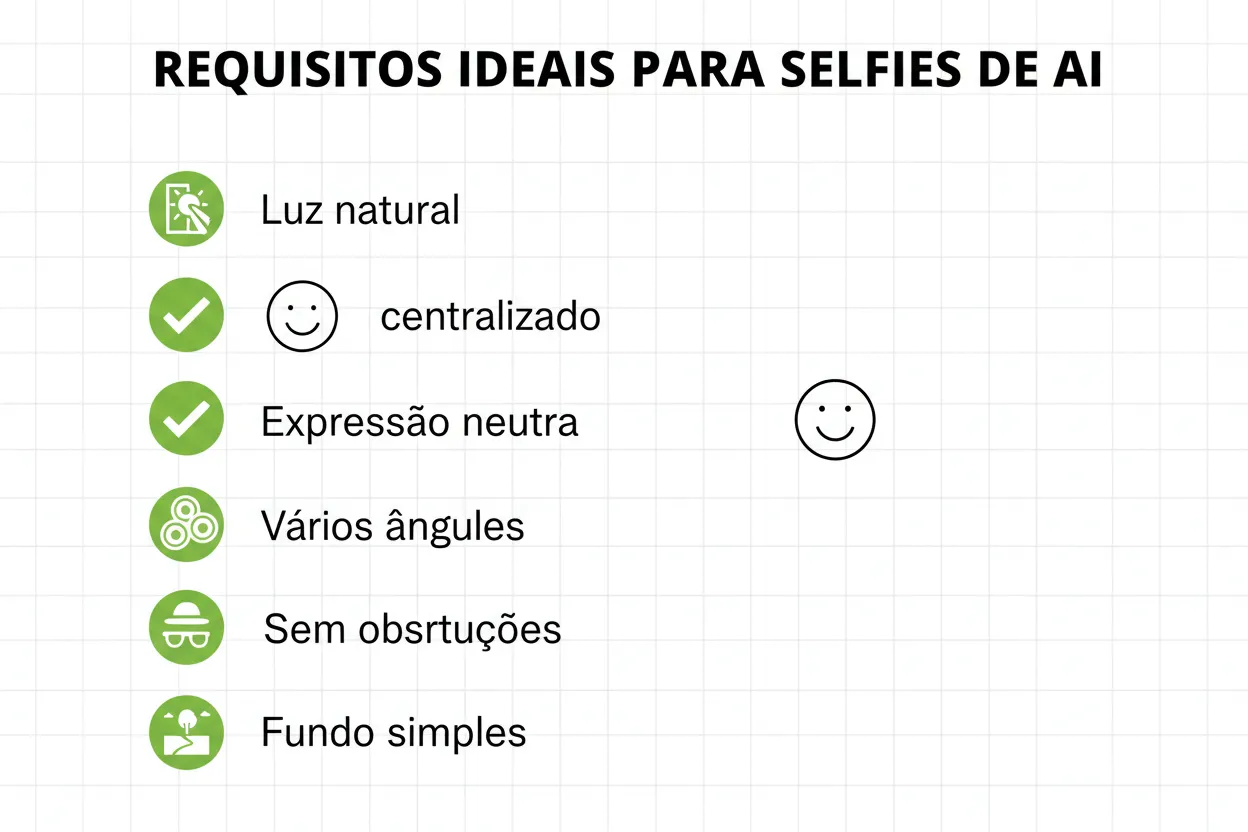 Checklist visual mostrando requisitos de selfie ideal para upload em geradores de foto IA