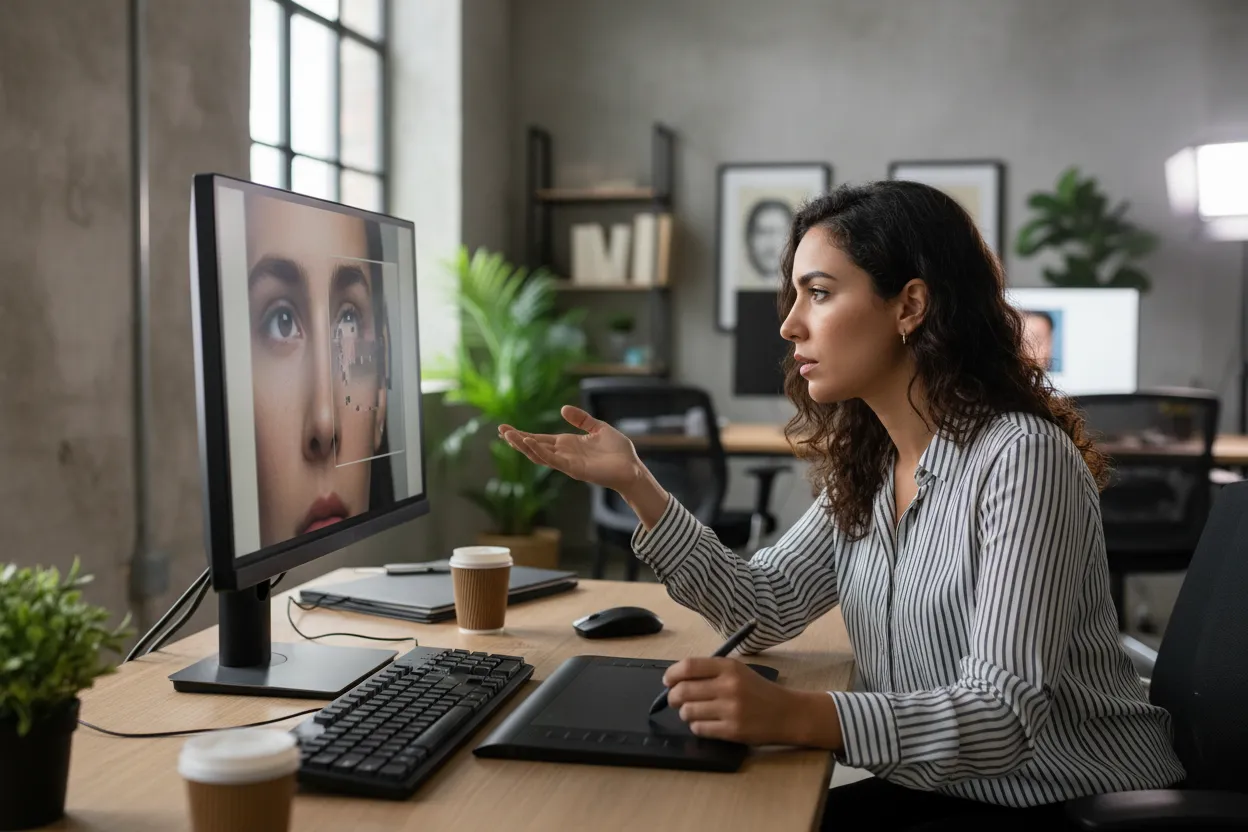 Profissional analisando detalhes de qualidade em foto gerada por IA em monitor