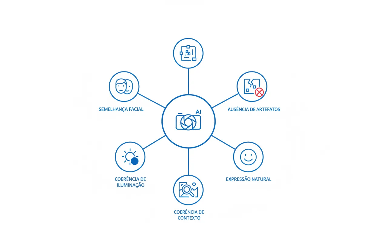 Diagrama mostrando os cinco critérios principais de avaliação de qualidade em foto IA