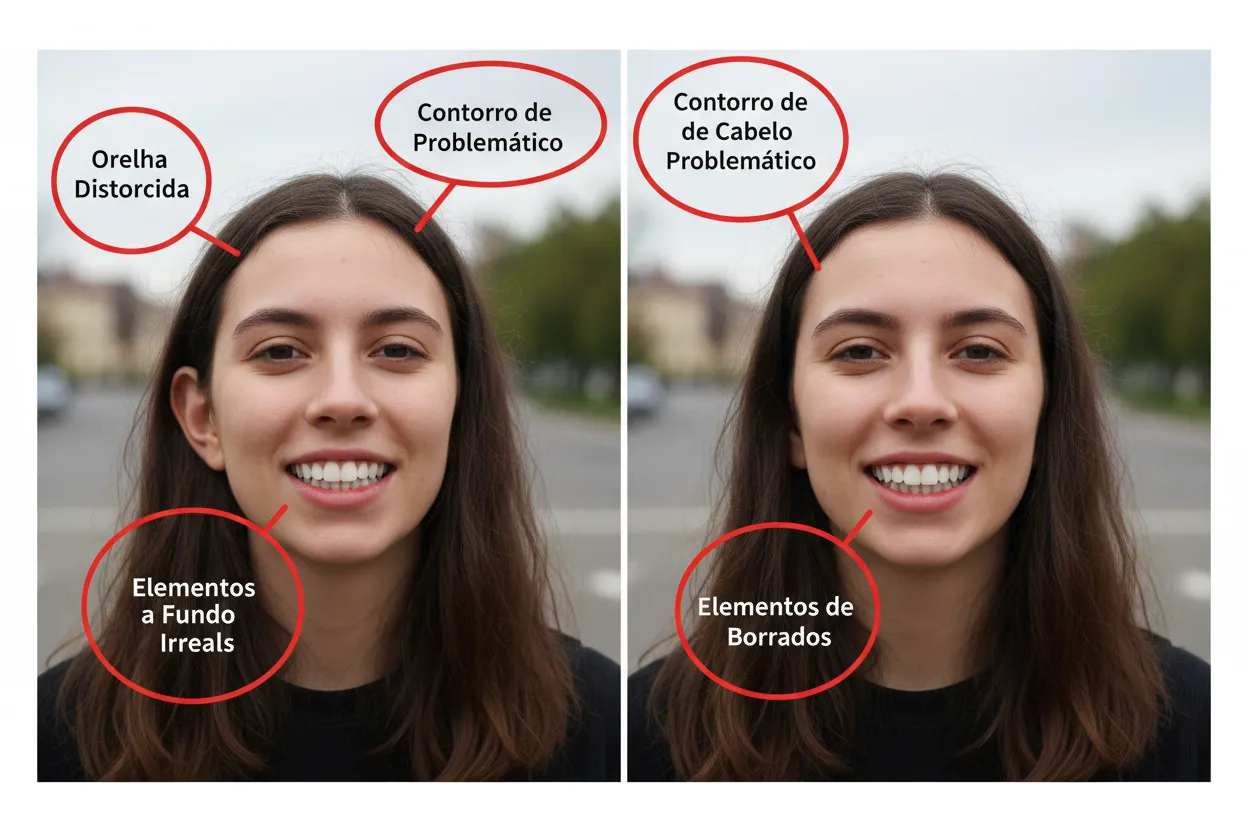 Exemplos anotados de artefatos comuns em fotos geradas por IA com círculos indicando problemas
