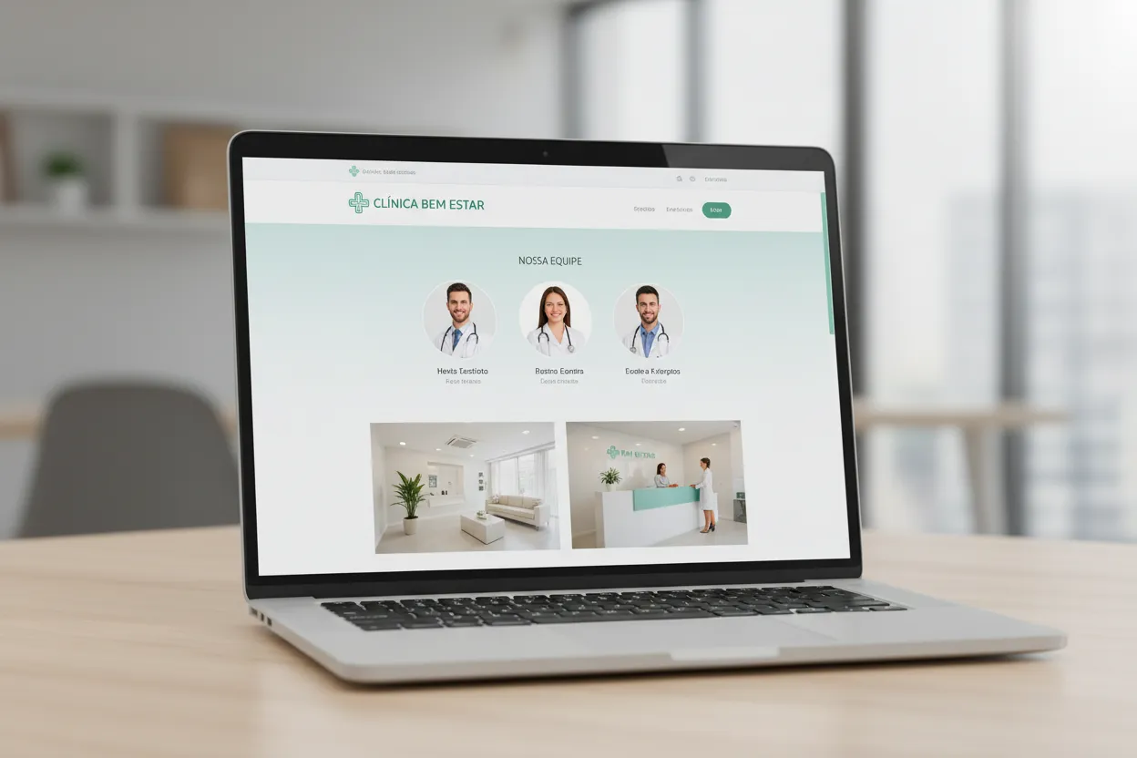 Página de clínica com retratos de equipe e fotos de ambiente