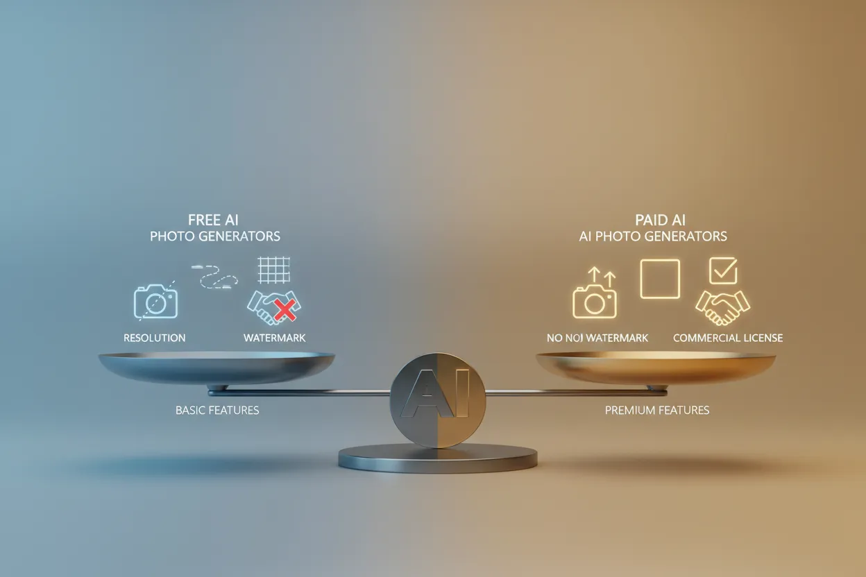 Balança visual comparando recursos de geradores de foto IA gratuitos e pagos