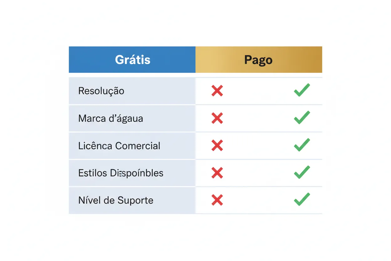 Tabela comparativa detalhada entre recursos de versões gratuitas e pagas de geradores de foto IA