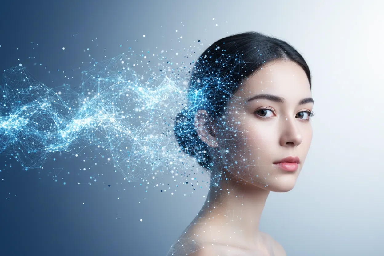 Visualização abstrata do processo de geração de foto de rosto com IA mostrando dados se transformando em retrato