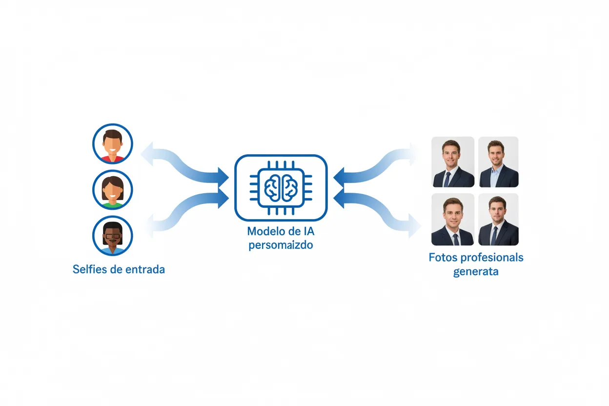 Diagrama ilustrando fluxo de geração de foto de rosto personalizada com IA