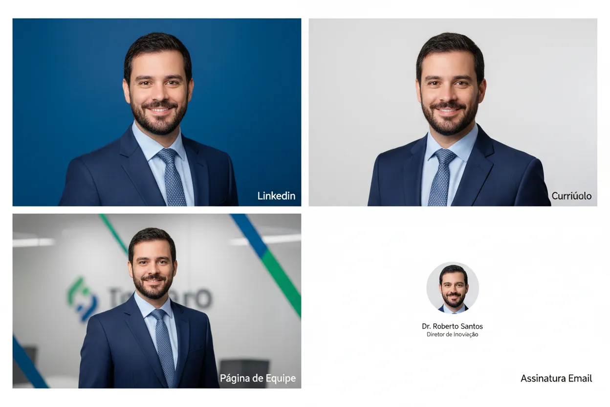 Grid mostrando mesma pessoa com fotos geradas por IA em diferentes contextos profissionais