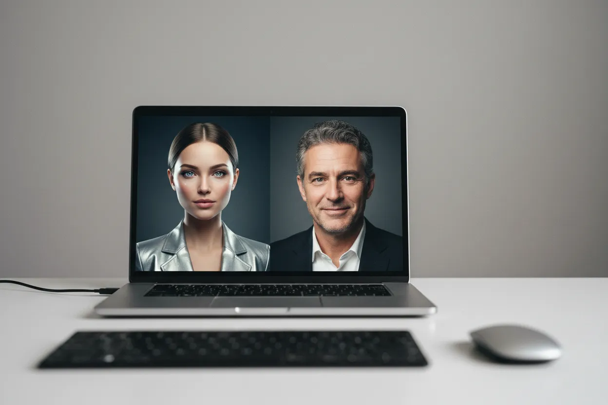 Tela com avatar realista e foto real lado a lado para decidir identidade visual