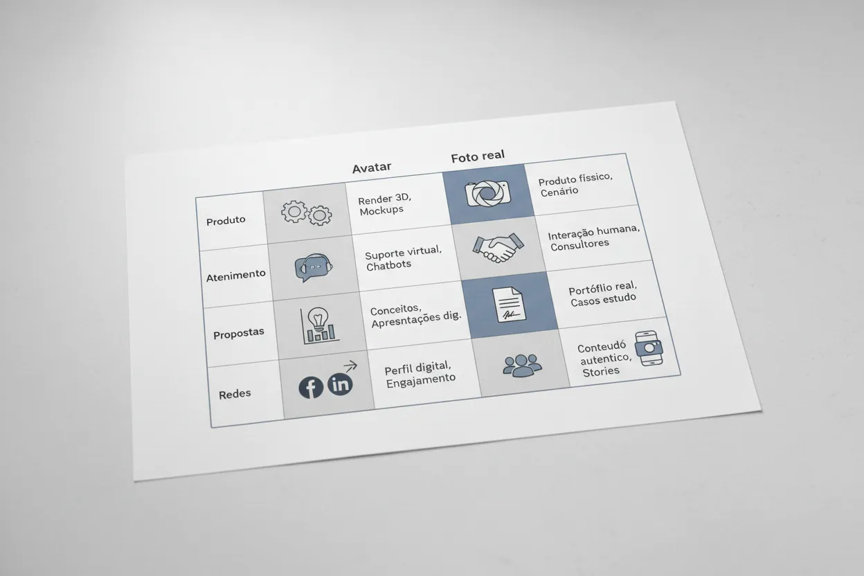 Matriz simples comparando avatar e foto real por canal e objetivo