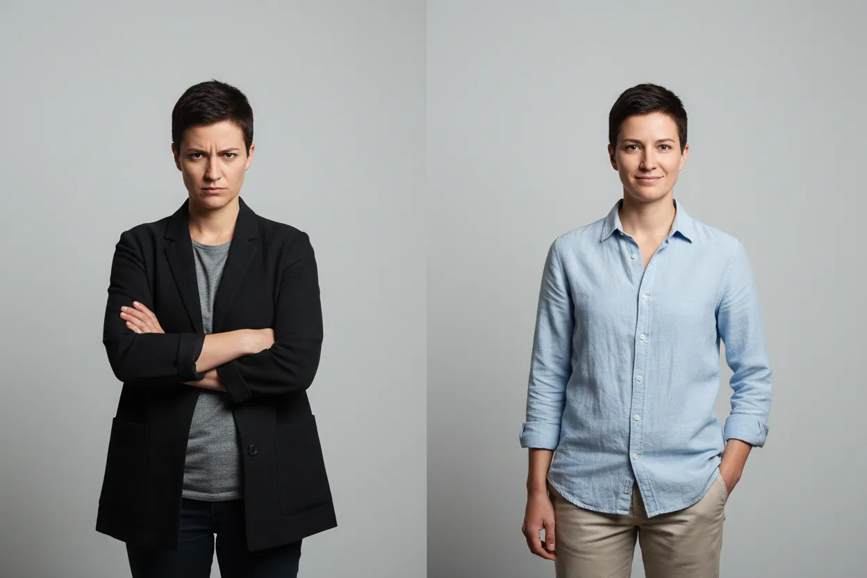 Comparação entre poses fechadas e abertas em retratos profissionais