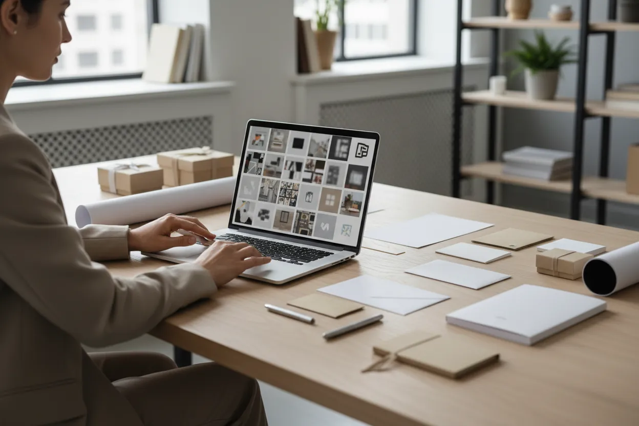 Organizador de evento montando press kit em notebook com fotos e logos