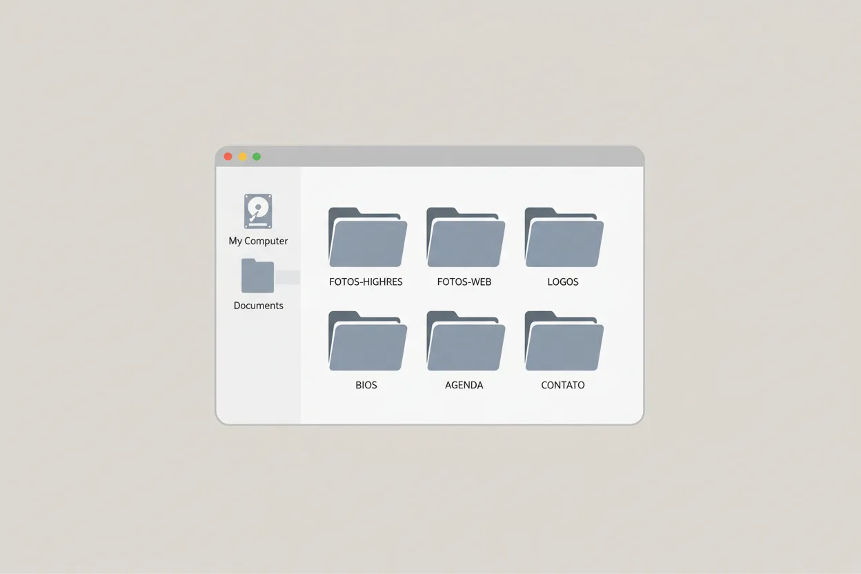 Estrutura de pastas do press kit com fotos, logos, bios e contatos