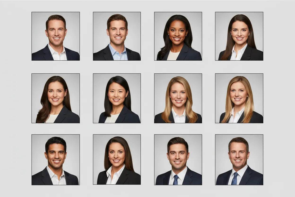 Grade de headshots consistentes de palestrantes com o mesmo fundo e luz