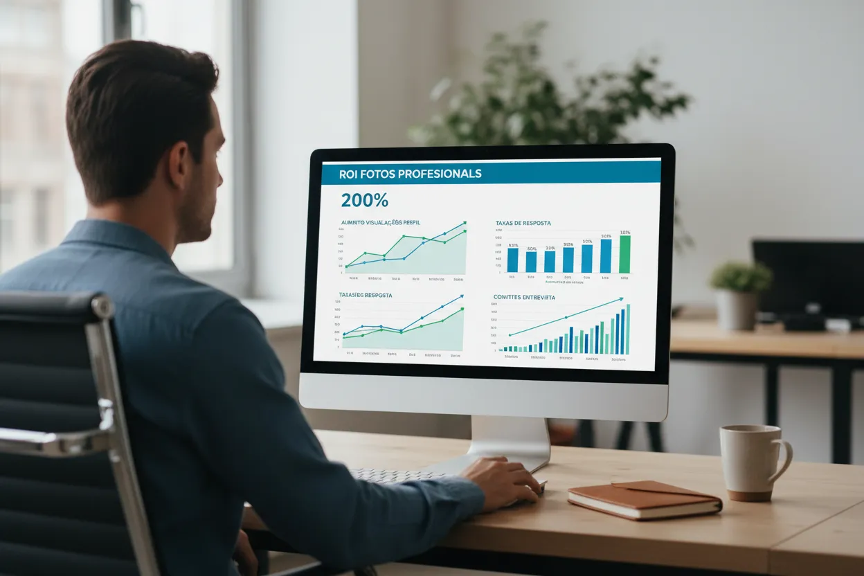 Dashboard analítico mostrando métricas de impacto de foto profissional em resultados de carreira