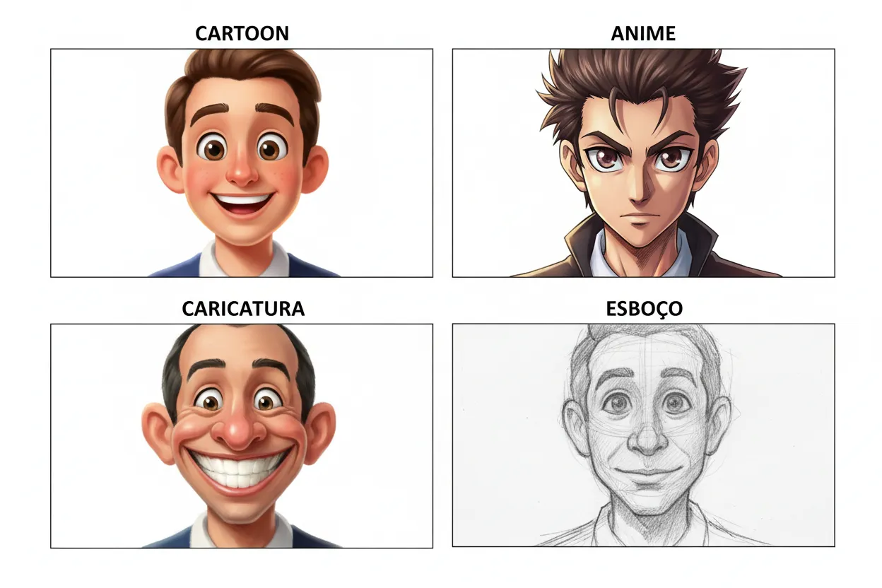 Grid comparativo mostrando mesma pessoa nos estilos cartoon, anime, caricatura e esboço