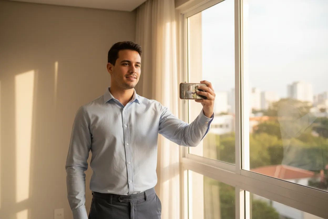 Pessoa tirando selfie com smartphone em ambiente bem iluminado para transformar em foto profissional