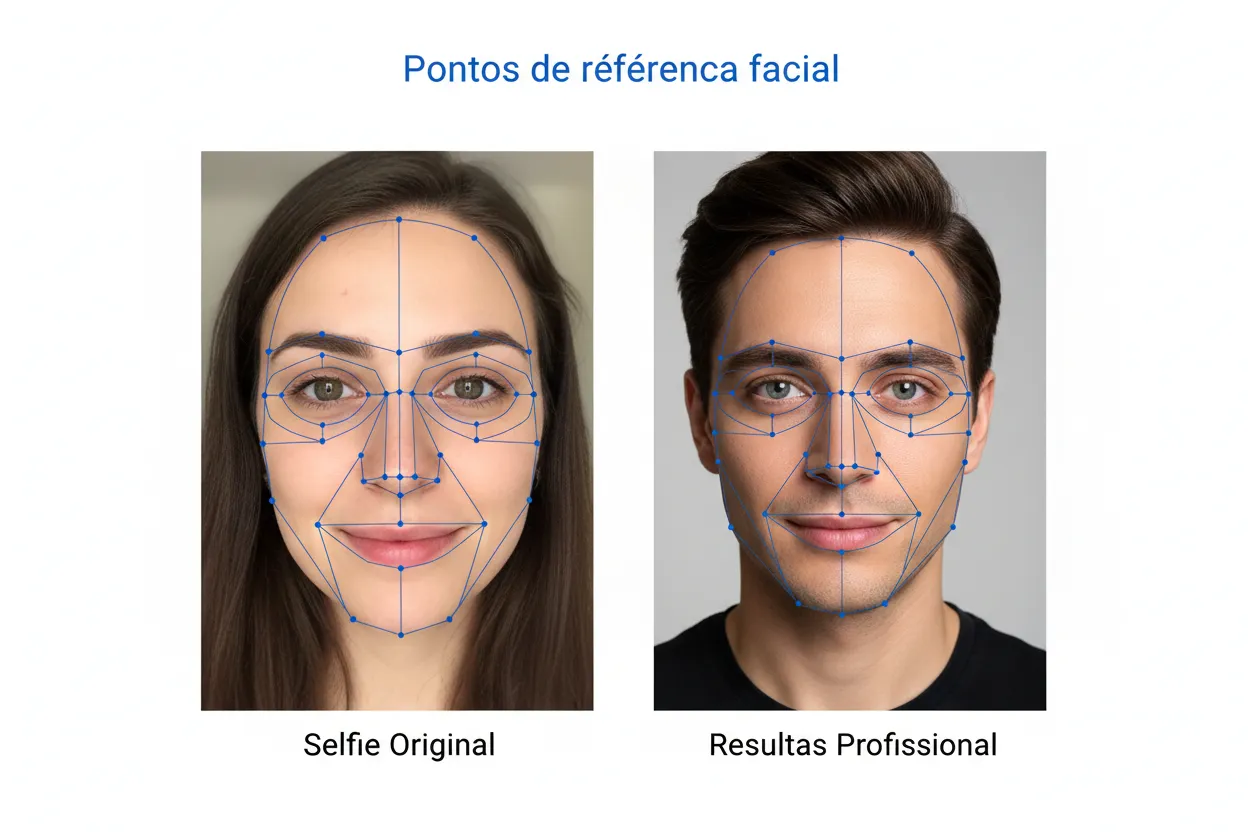 Diagrama mostrando pontos de referência facial que a IA captura de uma selfie
