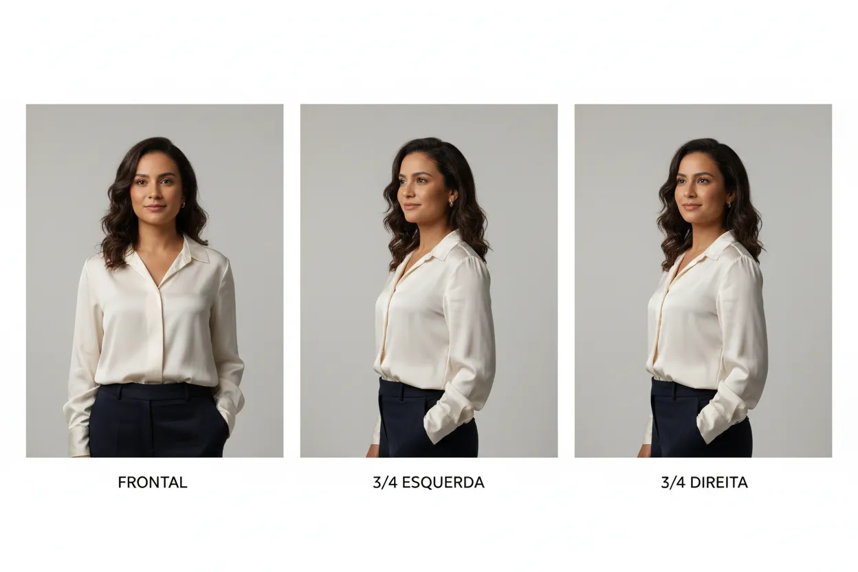 Grid mostrando três ângulos corretos de selfie: frontal, três quartos esquerda e três quartos direita